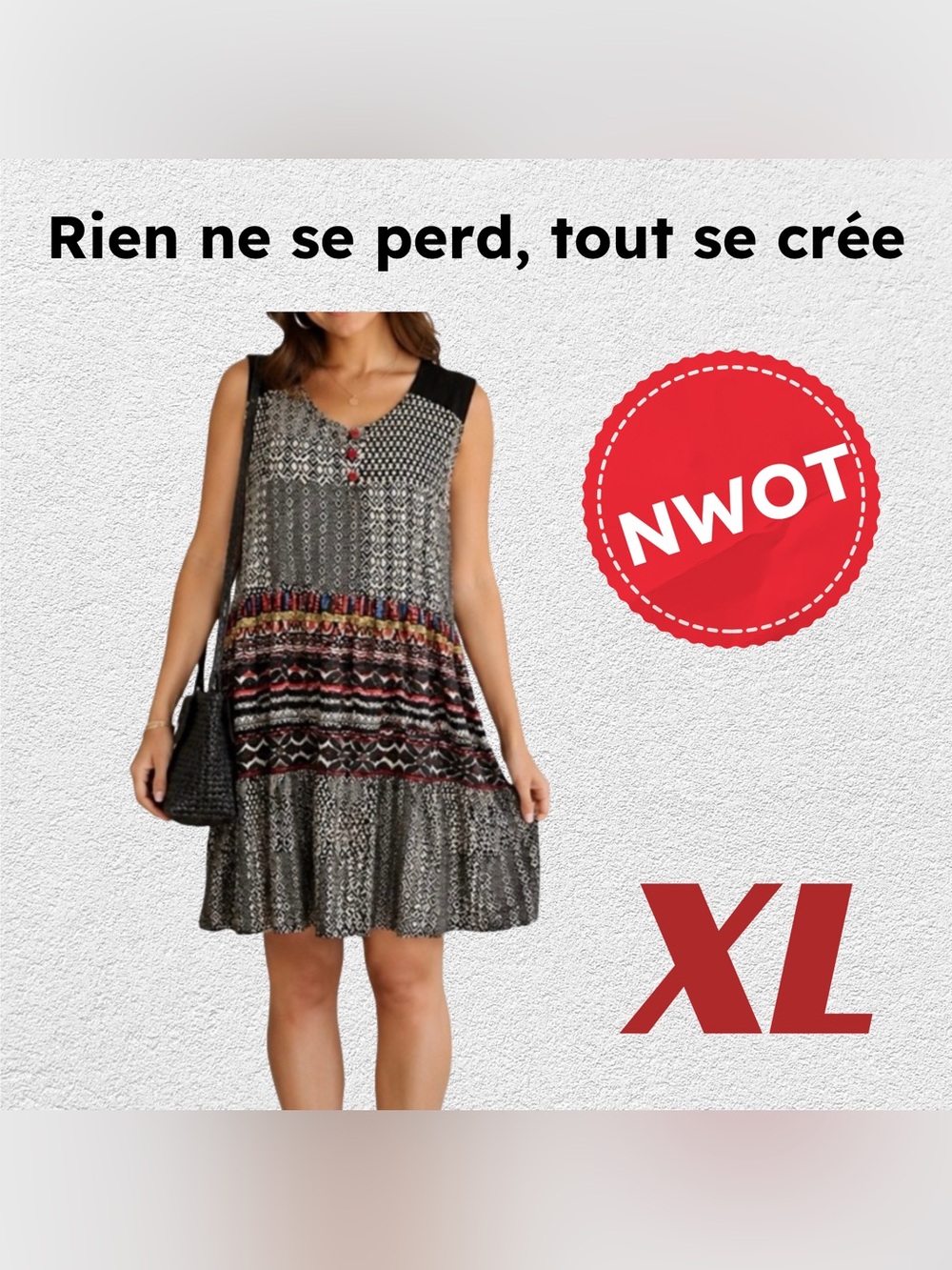 🇨🇦🆕NWOT RIEN NE SE PERD |XL| Artsy statement summer dress with colorful border